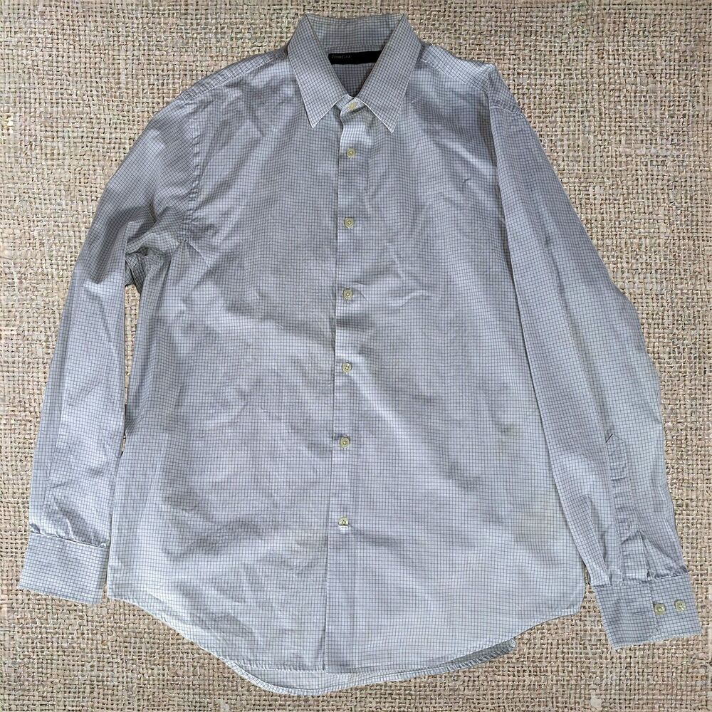 Perry Ellis XL White Check Cotton Dress Shirt Classic Fit Vintage